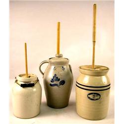 TWO COBALT-DECORATED STONEWARE BUTTER CHURNS