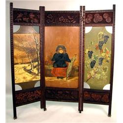 AN AESTHETIC MOVEMENT CARVED CHERRYWOOD AND PAINTED SLATE THREE PART SCREEN