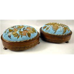 A PAIR OF VICTORIAN BEAD AND NEEDLEWORK DECORATED INLAID MAHOGANY FOOT STOOLS
