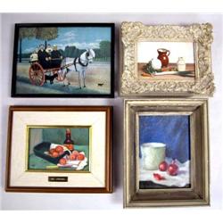 THREE SMALL PAINTINGS AND A FRAMED POSTER