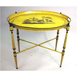 A VICTORIAN TRANSFER-DECORATED TOLE TRAY ON SCISSOR-FORM STAND