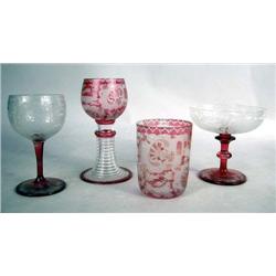 A GROUP OF ACID ETCHED CRANBERRY TO CLEAR STEMWARE