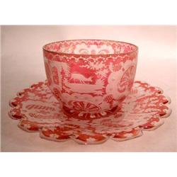 A GROUP OF EIGHT ACID ETCHED CRANBERRY TO CLEAR FINGER BOWLS AND UNDER PLATES