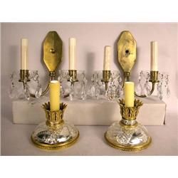 A PAIR OF TWO-ARM BRASS AND GLASS SCONCES