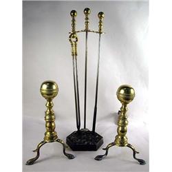 A PAIR OF FEDERAL CAST BRASS AND WROUGHT IRON ANDIRONS
