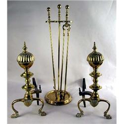 A PAIR OF CAST BRASS AND WROUGHT IRON ANDIRONS
