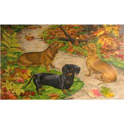 AN OIL ON CANVAS OF THREE DACHSHUNDS IN THE FALL