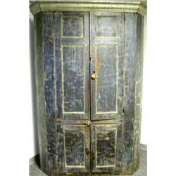 A BLUE AND GREY PAINTED CORNER CUPBOARD