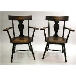 A PAIR OF EMPIRE STYLE RED-STAINED AND INLAID BIRCHWOOD TABLET-BACK WINDSOR ARMCHAIRS