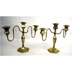 A PAIR OF BRASS THREE LIGHT CANDELABRAS