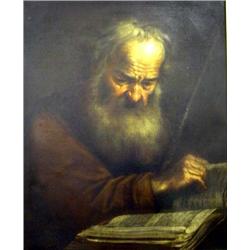 AN OIL ON CANVAS PORTRAIT OF AN OLDER MAN READING