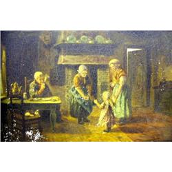 AN OIL ON MILK GLASS FAMILY SCENE