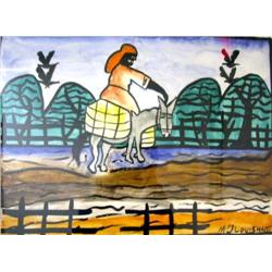 A WATERCOLOR OF A WOMAN ON A DONKEY