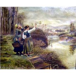AN OIL ON CANVAS TWO WOMEN CALLING TO A MAN
