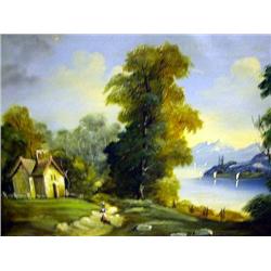 AN OIL ON CANVAS OF A GIRL WALKING TO A HOUSE