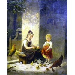 AN OIL ON CANVAS OF TWO GIRLS FEEDING CHICKENS