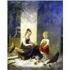 Image 1 : AN OIL ON CANVAS OF TWO GIRLS FEEDING CHICKENS