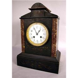 AN AESTHETIC MOVEMENT MIXED STONE AND GILT METAL MANTLE CLOCK