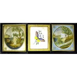 A GROUP OF FOUR PAINTED AND NEEDLEWORK FRAMED WALL HANGINGS