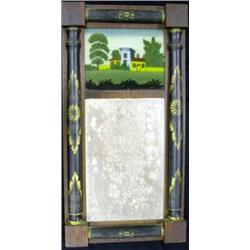 AN EMPIRE MAHOGANY STENCIL-DECORATED EGLOMISE WALL MIRROR