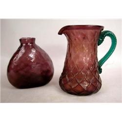 AN AMETHYST DIAMOND DECORATED PITCHER WITH APPLIED GREEN HANDLE