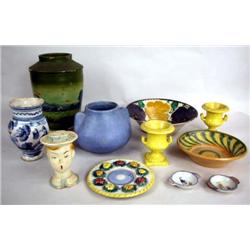 A BLUE DOUBLE HANDLED ART POTTERY VASE