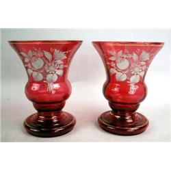 A PAIR OF CRANBERRY FLORAL ENAMEL-DECORATED VASES