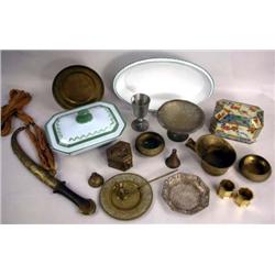 A GROUP OF ASSORTED BRASS AND IRON TABLE ARTICLES