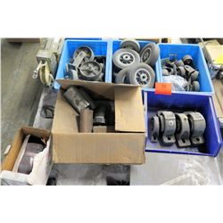 Qty 3 Bins & Box Misc Size Wheels, Casters, etc