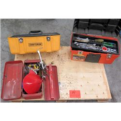 Qty 3 Tool Boxes w/ Misc Tools - Socket Wrenches, Funnel, Misc Tools