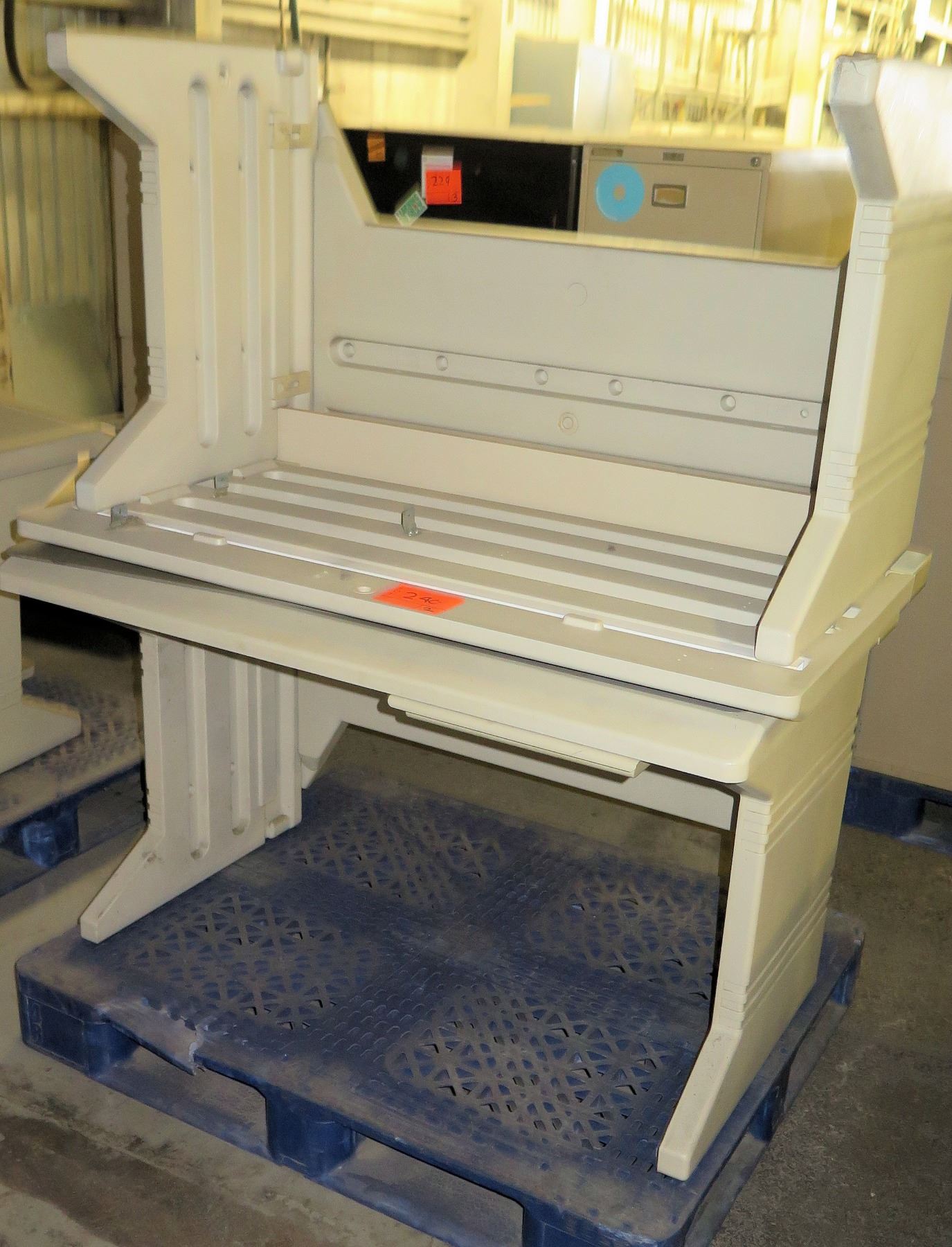 Qty 2 White Plastic Stackable Shop Desk Work Tables - Oahu Auctions