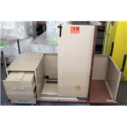 Qty 2 Metal & Pressed Wood Shop Desks & 1 Metal 2 Drawer File Cabinet