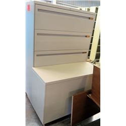 Qty 1 Metal 3 Drawer Lateral Legal Beige File Cabinet w/ Short White Cabinet