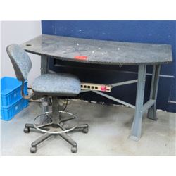 Rounded Stone Table w/ Wheeled Rolling Chair No Armrests