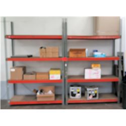 Qty 2 Metal 4 Tier Shop Work Shelf w/ Orange Shelves & Misc Accessories