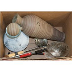 BOX OF VASES, TOOLS & MORE
