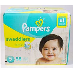 BOX OF 58 PAMPERS SWADDLERS SIZE 5 DIAPERS.