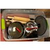 Image 1 : TOTE OF KITCHEN ITEMS - ROLLING PINS, ROASTER & A