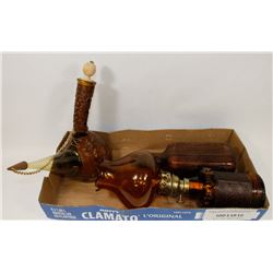 FLAT OF LEATHER BOUND GLASSWARE INCL JD BOTTLE,