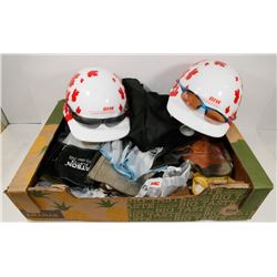 FLAT OF WORK GLOVES, 2 METAL FIBER HARD HATS,