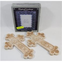 TWO WALL MOUNTED STONE CROSSES & NEW FANTASY