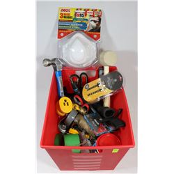 PLASTIC BIN FULL OF ASSORTED HAND TOOLS AND MORE