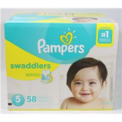 BOX OF 58 PAMPERS SWADDLERS SIZE 5 DIAPERS.