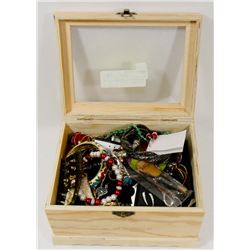 WOODEN JEWELRY BOX FULL OF JEWELRY.