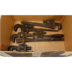 BOX W/ 5 VINTAGE PIPE WRENCHES.