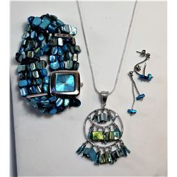 20)SILVER TONE TANK WATCH WITH TURQUOISE