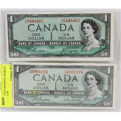 LOT OF 2 1954 CANADIAN 1.00 BILLS W/ SERIAL #'S