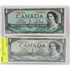 Image 1 : LOT OF 2 1954 CANADIAN 1.00 BILLS W/ SERIAL #'S