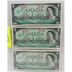 LOT OF 3 1967 CANADIAN 1.00 BILLS WITHOUT SERIAL #