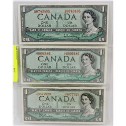 LOT OF 3 1967 CANADIAN 1.00 BILLS W/ SERIAL #'S